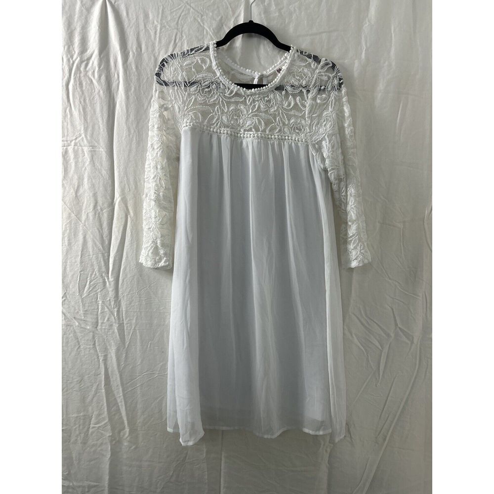 AUW Lace Chiffon Dress Size Medium White Sheet Lined 3/4 Sleeve